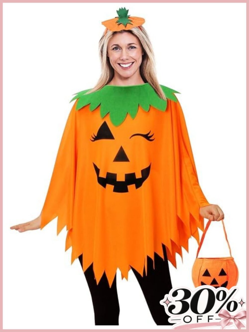 Women's Glow in the Dark Pumpkin Costume Poncho Set with Headband & Candy Bag